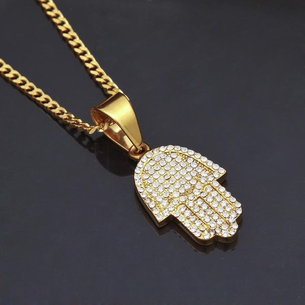 2020 lucky jewelry hamsa hand mens golden chain necklace micro pave cubic zirconia hand of fatima pendant necklaces for hiphop