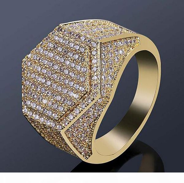 

mens 18k gold plated geometric hexagon iced out pave cz bling ring full simulated diamonds stones gold silver rings with gift box, Golden;silver