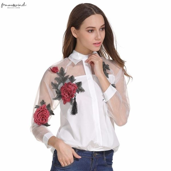 women blusa spring autumn casual long sleeve blouse embroidered flowers tassel detail shirt with sheer mesh panel blusa feminina, White
women blusa spring autumn casual long sleeve blouse embroidered flowers tassel detail shirt with sheer mesh panel blusa feminina, White
