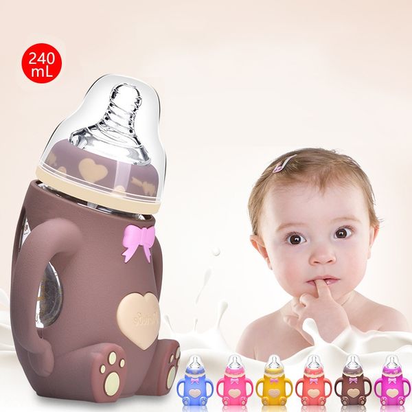 neonatal supplies high borosilicate glass silicone milk bottle with silica gel cover anti-fall and anti-flatulence baby milk bottle