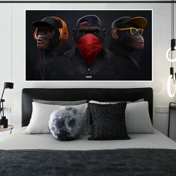 

Large Animal Picture Canvas Printed Painting Modern Funny Thinking Monkey with Headphone Wall Art Poster for Living Room Decor