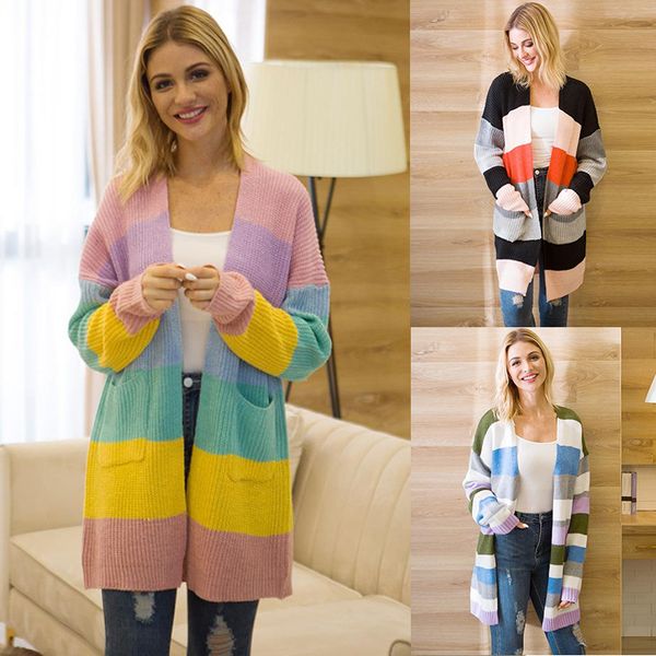 2020 Hot Knit Cardigan Womens Mid-Length Contrasting Rainbow Striped Cardigan Sweater, White;black
2020 Hot Knit Cardigan Womens Mid-Length Contrasting Rainbow Striped Cardigan Sweater, White;black