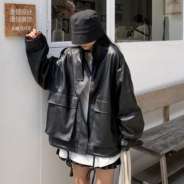 women's leather & faux spring autumn pu jacket women loose coat ladies casual brand zipper motorcycle biker outerwear female 2021, Black
women's leather & faux spring autumn pu jacket women loose coat ladies casual brand zipper motorcycle biker outerwear female 2021, Black