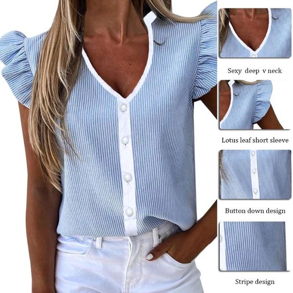 striped print v neck ruffle blouse shirt women summer butterfly sleeve casual shirts elegant button office lady blouse, White;red
striped print v neck ruffle blouse shirt women summer butterfly sleeve casual shirts elegant button office lady blouse, White;red