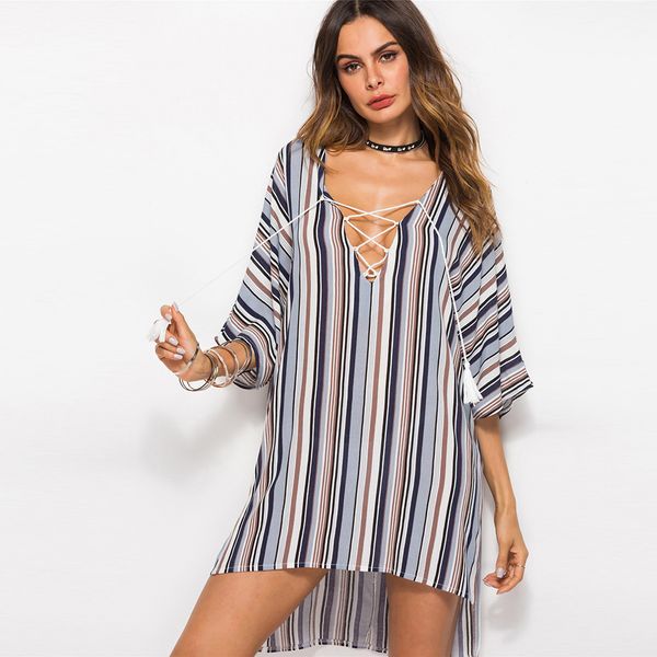 2020 spring and summer new fashion loose large size women's deep v-neck stripes mid-sleeved blouse laced low v-neck, White
2020 spring and summer new fashion loose large size women's deep v-neck stripes mid-sleeved blouse laced low v-neck, White