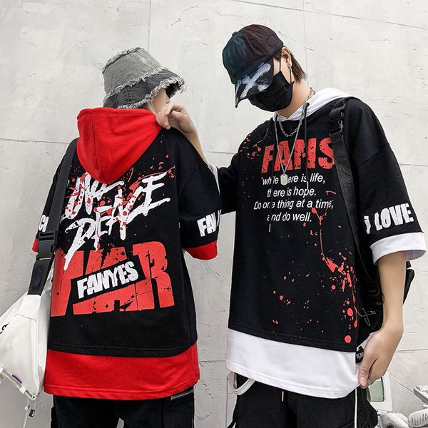 colorblock fake two-piece hooded t-shirt men's summer thin section european and american tide brand hip-hop loose graffiti half-sleeved, White;black
colorblock fake two-piece hooded t-shirt men's summer thin section european and american tide brand hip-hop loose graffiti half-sleeved, White;black