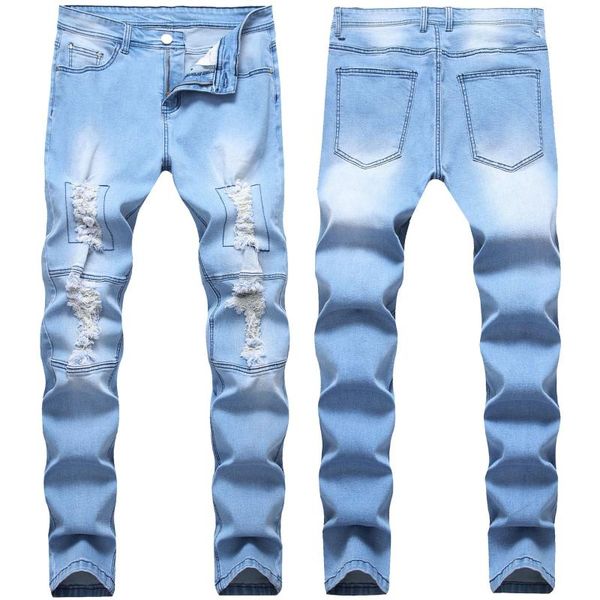 new style ripped jeans fashion hole men's denim pants long stretch straight slim jeans men light blue design streetwear male
new style ripped jeans fashion hole men's denim pants long stretch straight slim jeans men light blue design streetwear male