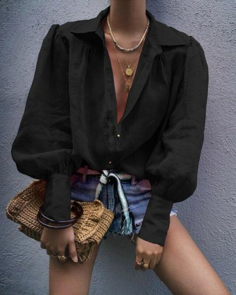 women's blouses & shirts loose solid color long lantern sleeve turn-down collar button casual shirt office lady spring autumn clothes, White
women's blouses & shirts loose solid color long lantern sleeve turn-down collar button casual shirt office lady spring autumn clothes, White