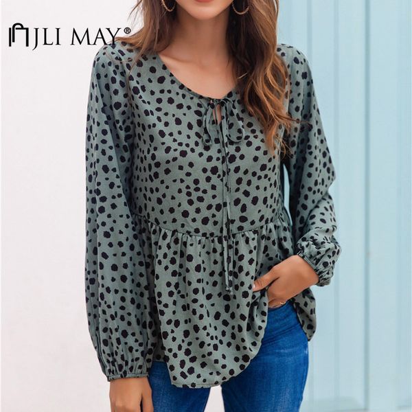women's t-shirt jli may dot casual print o-neck lace up lantern sleeve patchwork ruffles loose t-shirts fall, White
women's t-shirt jli may dot casual print o-neck lace up lantern sleeve patchwork ruffles loose t-shirts fall, White