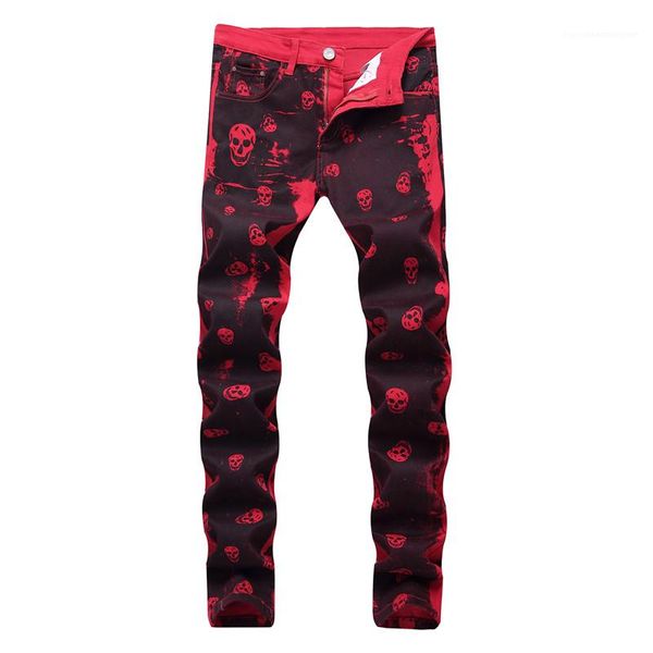 red skull summer mens jeans washed floral middle waist pencil pants zipper with pockets slim streetwear mens trousers, Blue 
red skull summer mens jeans washed floral middle waist pencil pants zipper with pockets slim streetwear mens trousers, Blue