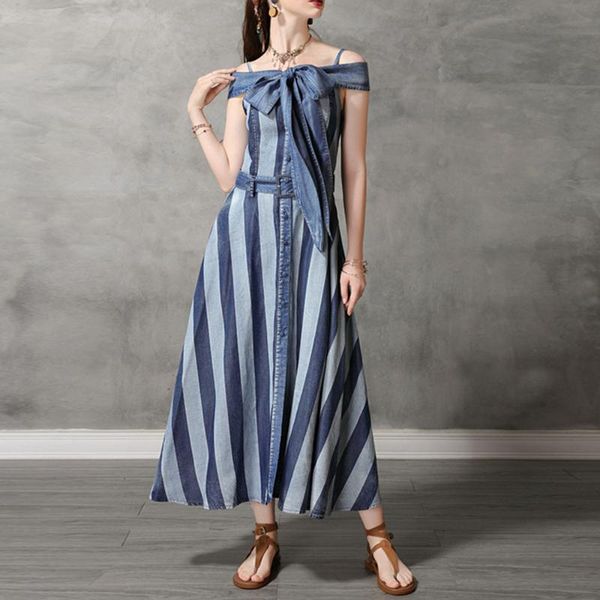 sisjuly summer denim stripes patchwork vintage dress bowknot belt cold shouder strap dress retro designer long maxi robe, Black;gray
sisjuly summer denim stripes patchwork vintage dress bowknot belt cold shouder strap dress retro designer long maxi robe, Black;gray