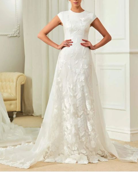 a-line wedding dresses jewel neck sweep / brush train detachable lace organza satin cap sleeve simple with embroidery appliques, White
a-line wedding dresses jewel neck sweep / brush train detachable lace organza satin cap sleeve simple with embroidery appliques, White