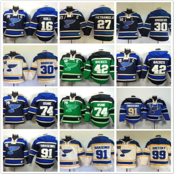 customize st. louis blues hoodies 16 brett hull 27 alex pietrangelo 30 martin brodeur 42 david backes 74 91 99 ice hockey sweatshirts green, Black;red