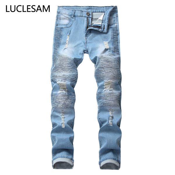 mens destroyed ripped jeans streetwear moto biker pleated denim pants slim fit hip hop jeans casual straight for men 42, Blue
mens destroyed ripped jeans streetwear moto biker pleated denim pants slim fit hip hop jeans casual straight for men 42, Blue