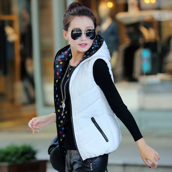 women's cotton short hooded double-sided vest korean style down cotton thickened student vest waistcoat, Black;white
women's cotton short hooded double-sided vest korean style down cotton thickened student vest waistcoat, Black;white