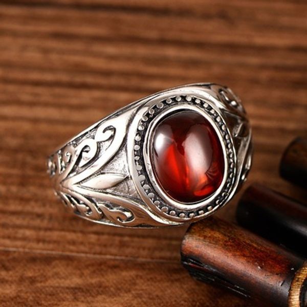 925 sterling silver ring black agate red garnet ancient rattan gem male ring