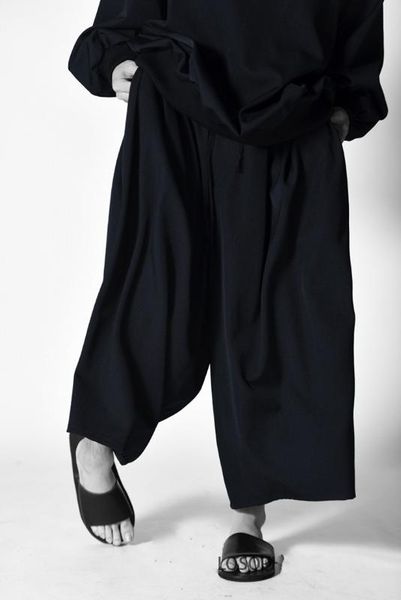 men's casual pants wide leg pants skirt pleated loose, Black