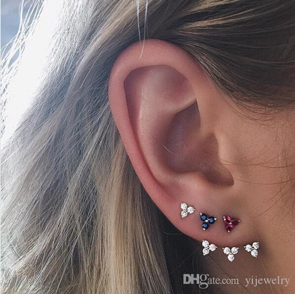 three stone triangle cz earring 925 sterling silver multi piercing stud green red blue white 4 colors minimal cute small cz earrings, Golden;silver 
three stone triangle cz earring 925 sterling silver multi piercing stud green red blue white 4 colors minimal cute small cz earrings, Golden;silver