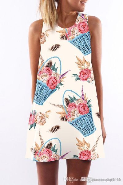 women dress summer crew neck summer sling sleeveless hip wrap elegant lady flower basket digital print skirt casual pencil dresses size s-xl, Black;gray