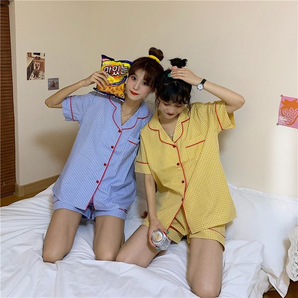 plaid short-sleeved pajamas suit women 2020 new korean style casual pajamas casual wear loose simple outdoor wear home clothes, Blue;red
plaid short-sleeved pajamas suit women 2020 new korean style casual pajamas casual wear loose simple outdoor wear home clothes, Blue;red