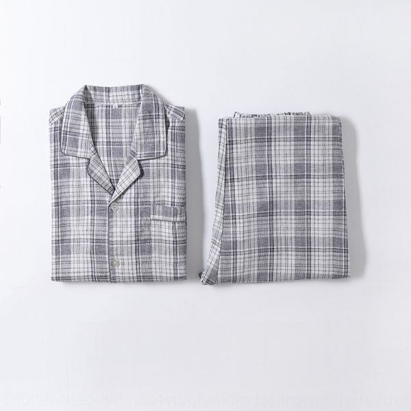 autumn men's pajamas cotton lapel plaid long and pajamas trousers sleeve trousers home wear cotton double layer yarn, Blue;red