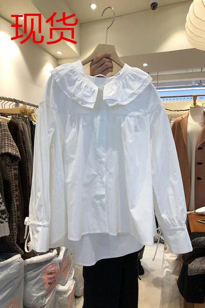 2020 spring and autumn new solid full lace-up peter pan collar women shirts all-match slim women blouses, White