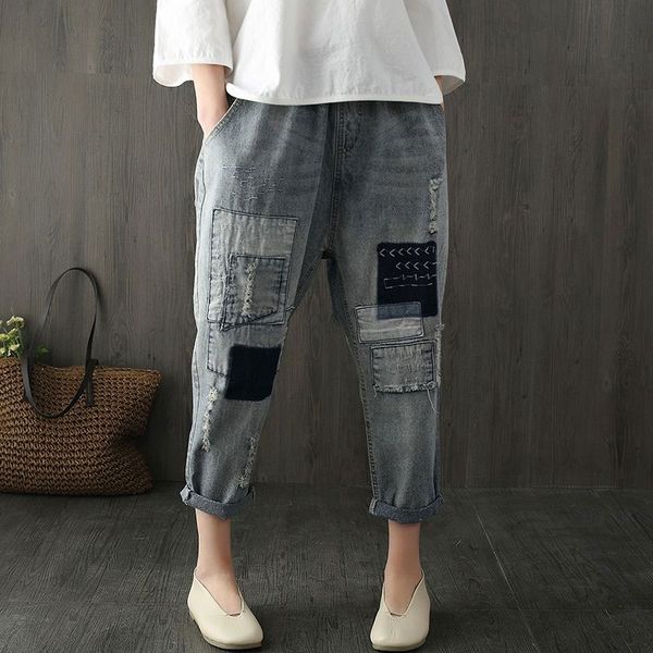 women's jeans spring fashion women loose elastic waist denim harem pants patchwork letter embroidery vintage patched d111, Blue
women's jeans spring fashion women loose elastic waist denim harem pants patchwork letter embroidery vintage patched d111, Blue