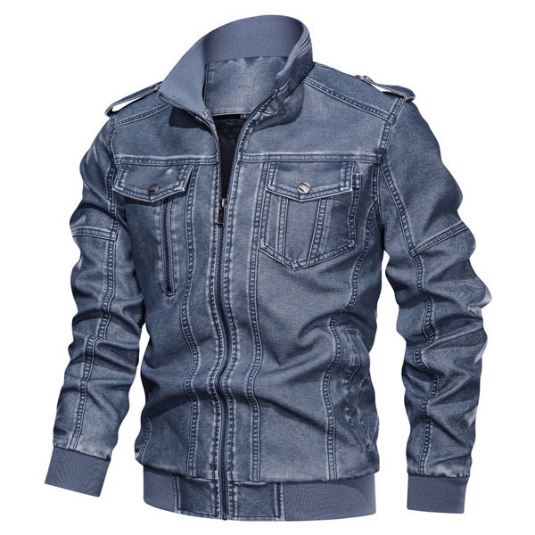 menswind pu clothes washed old motorcycle leather jacket large size coat, Black