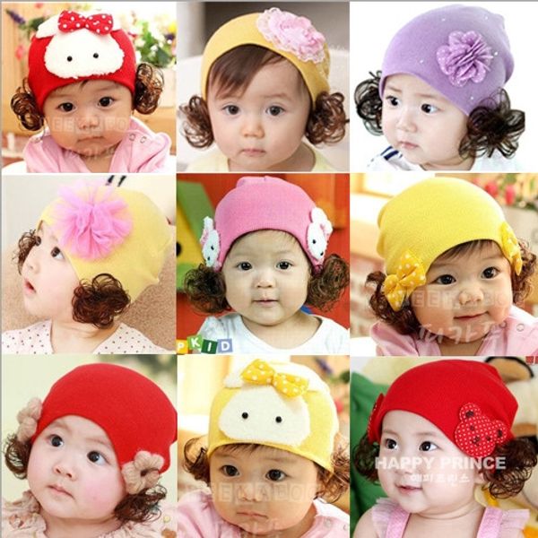 korean style baby baby children's hat acrylic knitted wool wig wool wig hat, Blue;gray