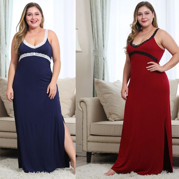 2020 solid color stitching lace bottom swing fork dress slim sling long skirt home clothes sling home clothes, Blue;red 
2020 solid color stitching lace bottom swing fork dress slim sling long skirt home clothes sling home clothes, Blue;red