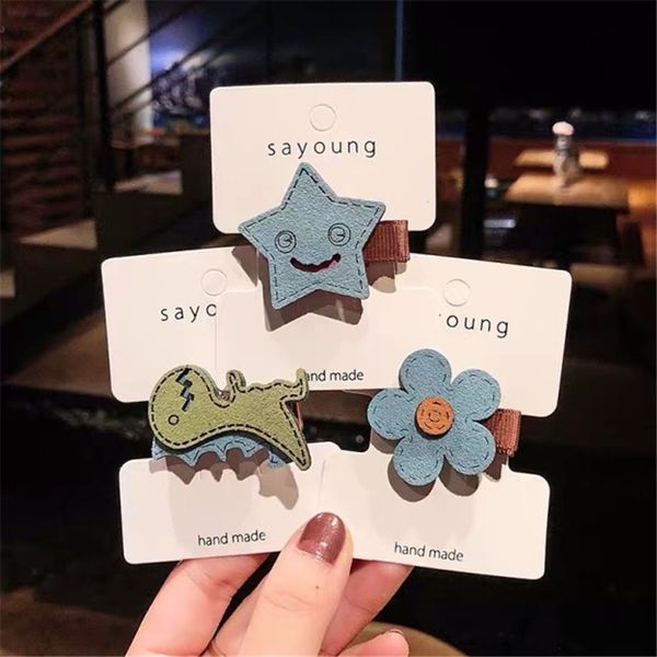 m mism cute cartoon hairpin dinosaur star flower hair clips for girls imitation leather baby hair accessories set, Slivery;white