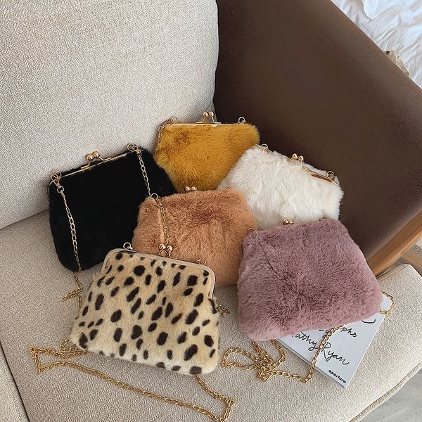 

female wild plush chain clip mouth shell crossbody bags for women bag cute simple fashion solid color shoulder diagonal package