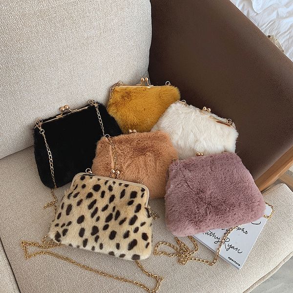 

female wild plush chain clip mouth shell crossbody bags for women bag cute simple fashion solid color shoulder diagonal package