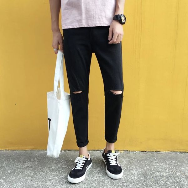 ripped and men's black ripped men's jeans couple's small feet korean style jeans, Blue
ripped and men's black ripped men's jeans couple's small feet korean style jeans, Blue