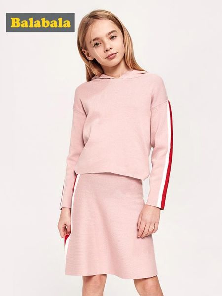 balabala girls 2-piece fine knit hooded sweater longer back + knit skirt with side stripe set teenager girls clothing set, White
balabala girls 2-piece fine knit hooded sweater longer back + knit skirt with side stripe set teenager girls clothing set, White