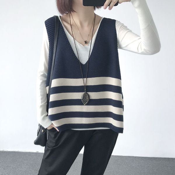 women's knitted pullovers v-neck sleeveless sweaters casual loose autumn outerwear knit vest stripped sweater, Black;white
women's knitted pullovers v-neck sleeveless sweaters casual loose autumn outerwear knit vest stripped sweater, Black;white