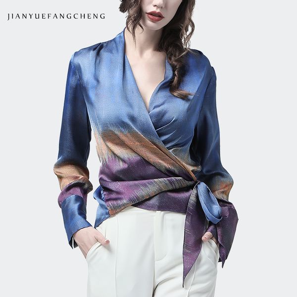 women satin blouse blue purple mixed colors printed long sleeve sashes tie up v neck elegant slim female casual blouses, White
women satin blouse blue purple mixed colors printed long sleeve sashes tie up v neck elegant slim female casual blouses, White