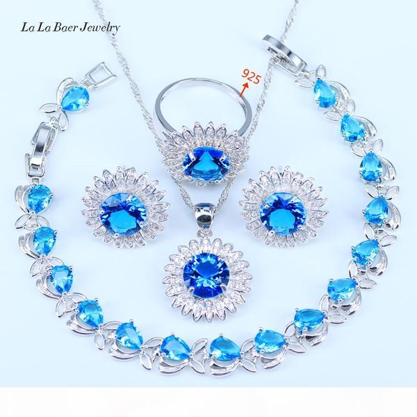 flower blue stones white cz 925 sterling silver wedding jewelry sets for women earrings pendant necklace rings bracelets, Black 
flower blue stones white cz 925 sterling silver wedding jewelry sets for women earrings pendant necklace rings bracelets, Black