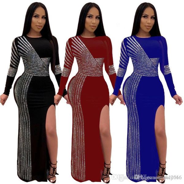 new crew neck split dress europe and the united states women's wind rhinestone clothing printed long stripes solid color club dres, Black;gray
new crew neck split dress europe and the united states women's wind rhinestone clothing printed long stripes solid color club dres, Black;gray