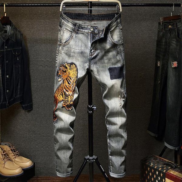 men's jeans fashion motorcycle slim fit straight denim pants ripped skinny trousers, Blue
men's jeans fashion motorcycle slim fit straight denim pants ripped skinny trousers, Blue