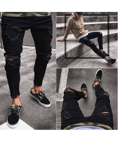 hip hop men black stretch jeans fashion knee ripped distressed hole biker jeans 2020 men slims little feet the pencil pant, Blue