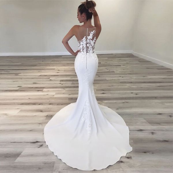 elegant modern mermaid wedding dress appliques satin sheer neck bridal gowns sweep train sleeveless plus size wedding dresses, White 
elegant modern mermaid wedding dress appliques satin sheer neck bridal gowns sweep train sleeveless plus size wedding dresses, White