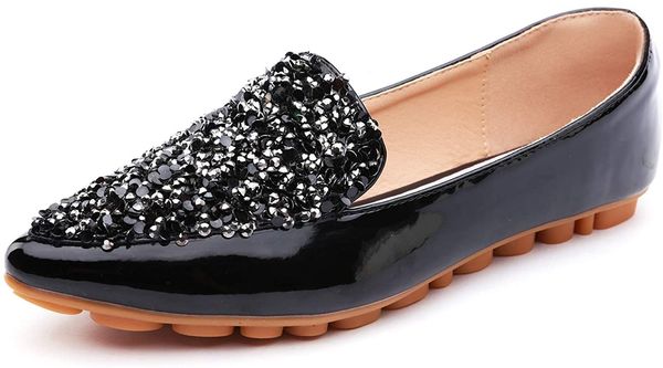 stylein women's rhinestone slip on flat mules loafers pointed toe sandals slides, Black