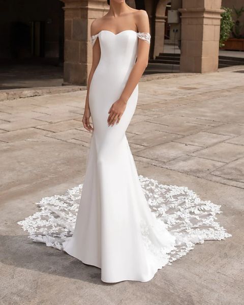 mermaid / trumpet wedding dresses off shoulder court train polyester short sleeve simple plus size with lace insert appliques, White
mermaid / trumpet wedding dresses off shoulder court train polyester short sleeve simple plus size with lace insert appliques, White