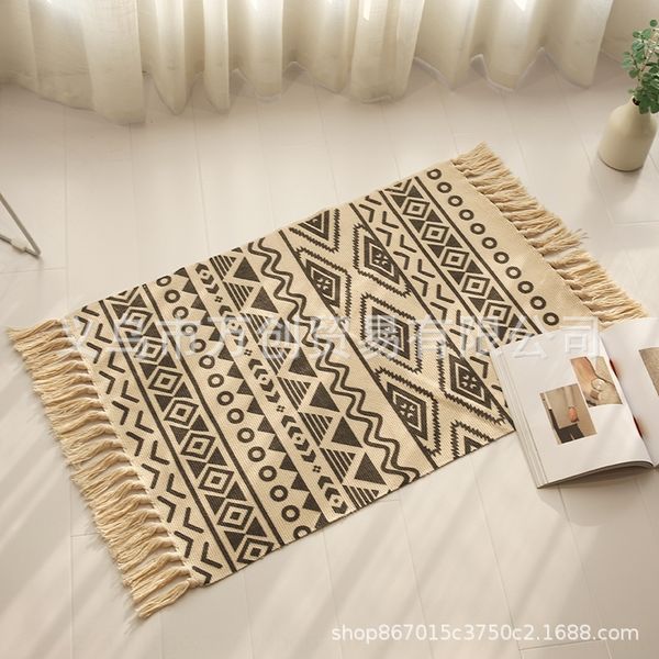 bohemia wind cotton thread woven carpet household tassel carpet floor mat hand woven floor mat