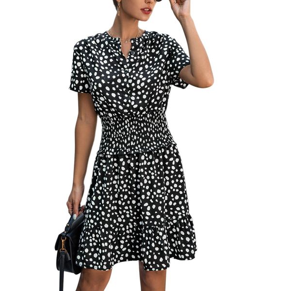 women's short sleeve spot printed bouquet waist button dress, White