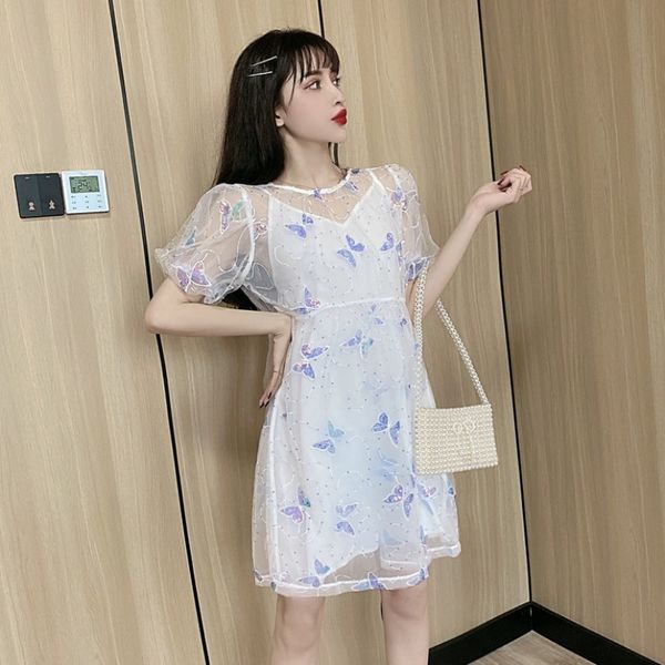 womens embroidered butterfly sequined lace mesh puff sleeve fairy super fairy waist slimming sweet dress, White;black
womens embroidered butterfly sequined lace mesh puff sleeve fairy super fairy waist slimming sweet dress, White;black