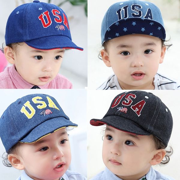 season 2019 new usa children's baseball denim embroidery letter hat baseball cap baby cap baby sun hat, Blue;gray
season 2019 new usa children's baseball denim embroidery letter hat baseball cap baby cap baby sun hat, Blue;gray