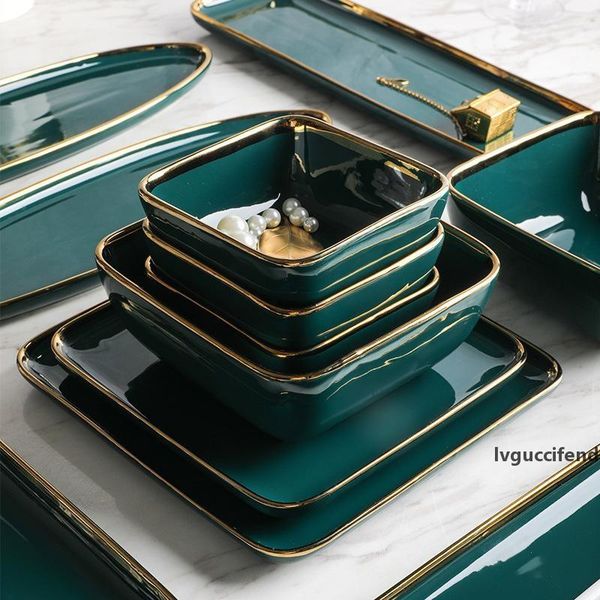 tableware green ceramic dinner set gold inlay porcelain dessert plate steak snack cake plate salad soup rice bowl wholesale t200107
tableware green ceramic dinner set gold inlay porcelain dessert plate steak snack cake plate salad soup rice bowl wholesale t200107