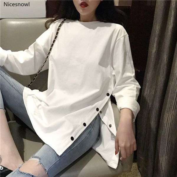 women t shirts long style full sleeve split slit hem buttons round neck black white tees oversized loose clothes spring
women t shirts long style full sleeve split slit hem buttons round neck black white tees oversized loose clothes spring
